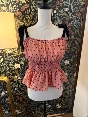 Unique Vintage Pink Smocked Peplum Tie-Shoulder Camisole